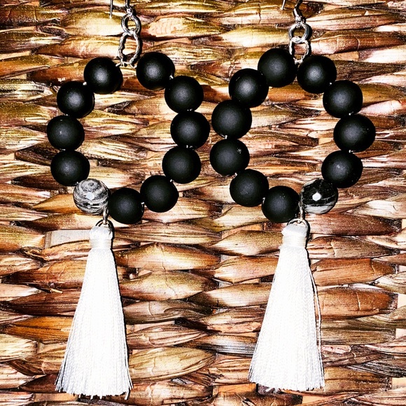 Beaded Earrings with White Tassel - Picture 1 of 1